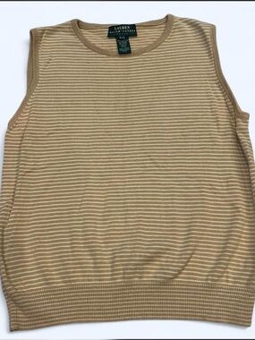 Lauren Ralph Lauren Tan & White Striped Sleeveless Knit Shell